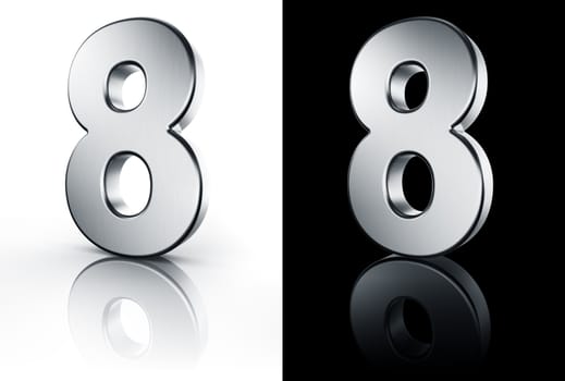 3d rendering of the number 8 in brushed metal on a white and black reflective floor.
