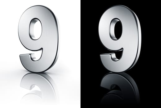 3d rendering of the number 9 in brushed metal on a white and black reflective floor.