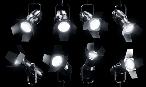 3d rendering of multiple spotlghts on a black background