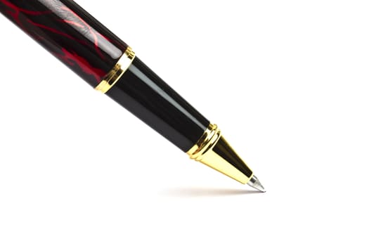Black and ren ballpoint Pen writing on white background 