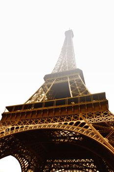 Eiffel Tower closeup in fog weather