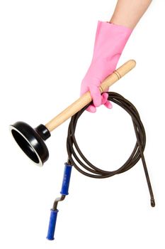 Female hand in a pink glove keeps a ventouse and hawser for the water drain, isolated, on a white background
