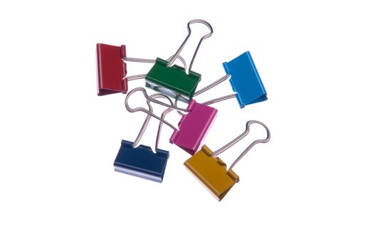 colorful binder clips isolated on white background