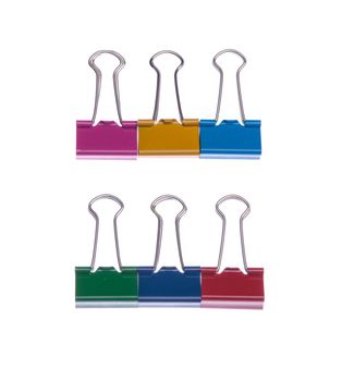 rows of colored binder clips isolated on white background