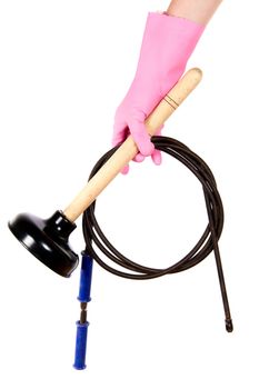 Female hand in a pink glove keeps a ventouse and hawser for the water drain, isolated, on a white background
