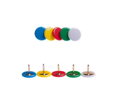 colored push pins (front and back) isolated on white background