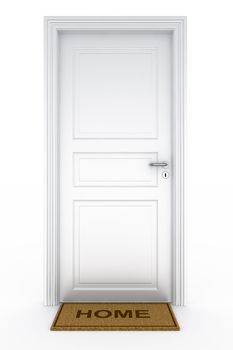 3d rendering of a door with a doormat written home on it