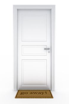 3d rendering of a door with a "go away" doormat