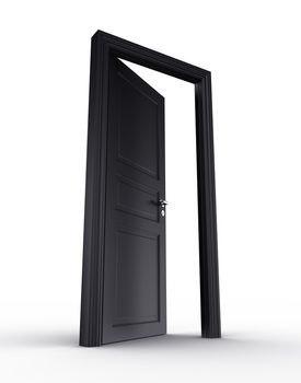 3d rendering of a black open door standing on a white floor