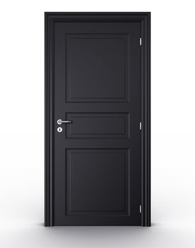 3d rendering of a black closed door standing on a white floor