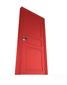 3d rendering of a red closed door standing on a white floor