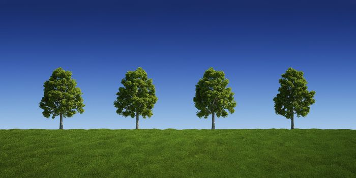 3d rendering of a green field 4 tree on a row