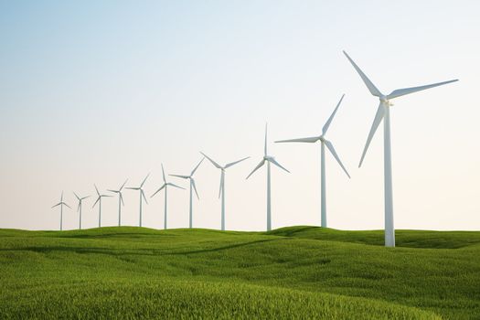 3d rendering of wind turbines on a green grass field