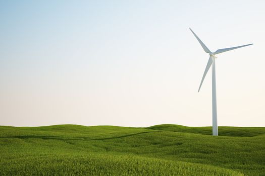 3d rendering of a wind turbine on a green grass field