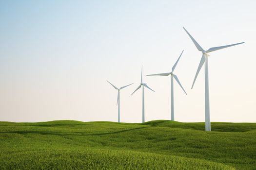 3d rendering of wind turbines on a green grass field