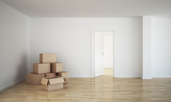 3d rendering of an empty room with cardboard boxes and an open door