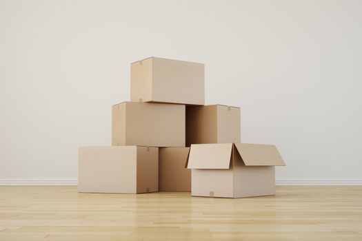 3d rendering of cardboard boxes in a empty room