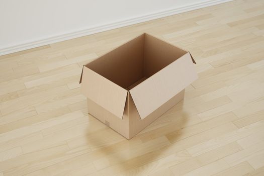 3d rendering of a cardboard box in a empty room