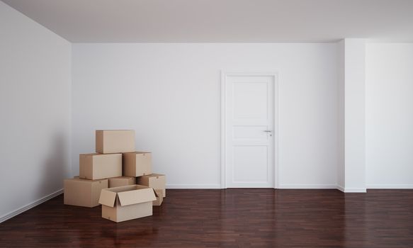 3d rendering of an empty room  with dark wood floor, cardboard boxes and an open door