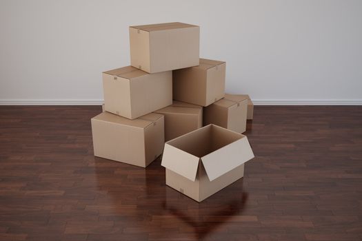 3d rendering of cardboard boxes in a empty room with dark wood floor