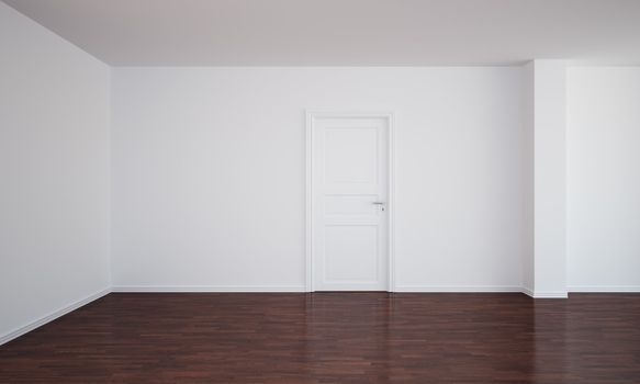 3d rendering of an empty room with dark wood floor and a closed door