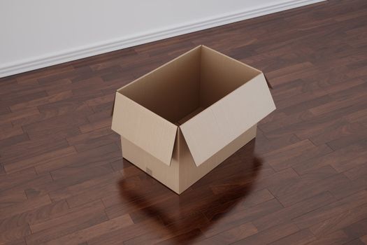 3d rendering of a cardboard box in a empty room with dark wood floor