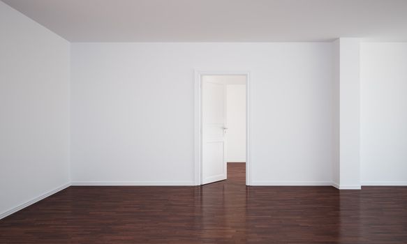 3d rendering of an empty room with dark wood floor and an open door
