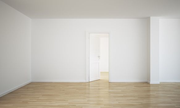 3d rendering of an empty room with an open door
