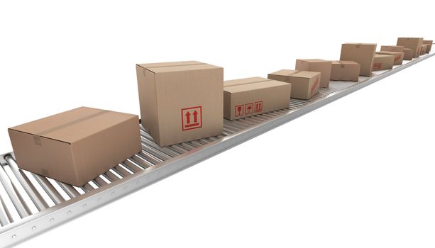 3d rendering of Cardboard boxes on a conveyor belt