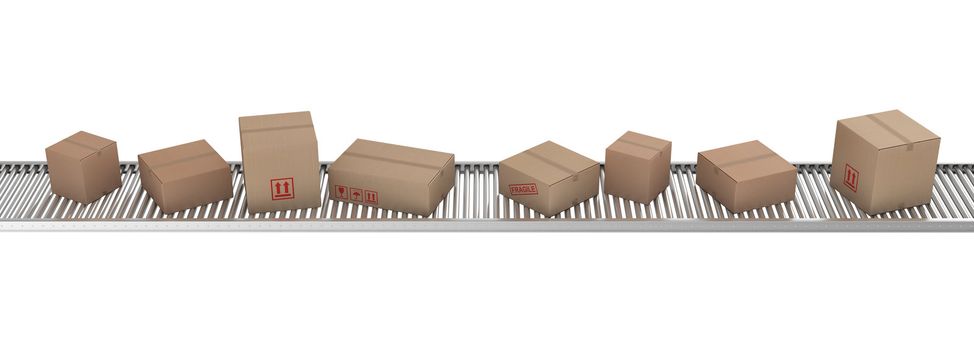 3d rendering of Cardboard boxes on a conveyor belt