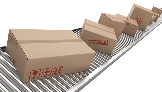 3d rendering of Cardboard boxes on a conveyor belt