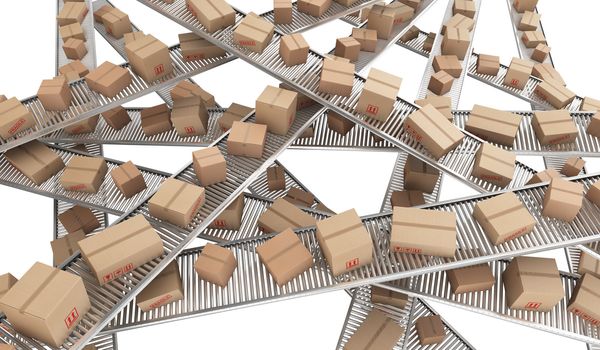 3d rendering of Cardboard boxes on a chaos of conveyor belts