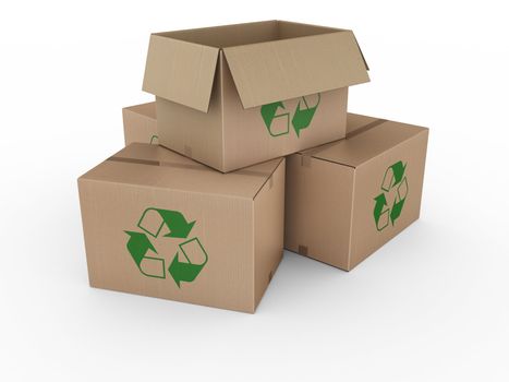 3d rendering of a cardboard boxes with a recycling logo.