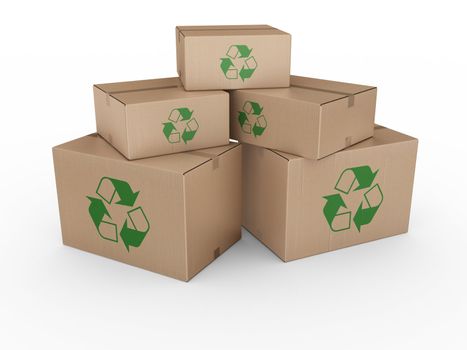3d rendering of a cardboard boxes with a recycling logo.