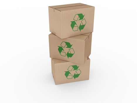 3d rendering of a cardboard boxes stacked with a recycling logo.