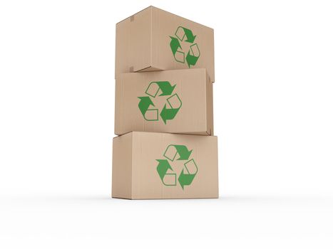 3d rendering of a cardboard boxes stacked with a recycling logo.