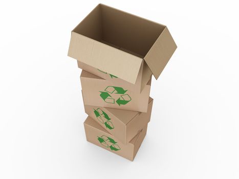 3d rendering of a cardboard boxes with a recycling logo.