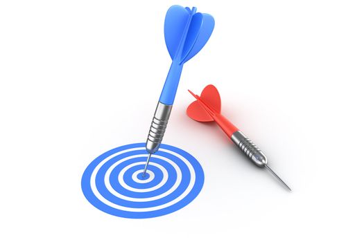 3d rendering of a dart hitting the target and one missed