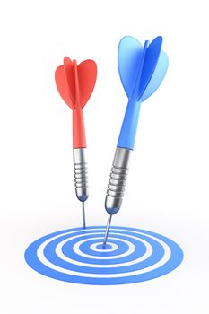 3d rendering of a dart hitting the target and one missing
