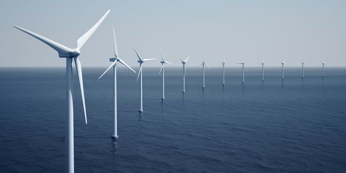 3d rendering of windturbines on the ocean