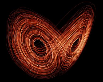 3d rendering of a Lorenz Attractor fractal in orange on black background