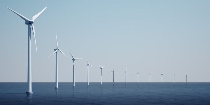 3d rendering of windturbines on the ocean