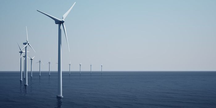 3d rendering of windturbines on the ocean