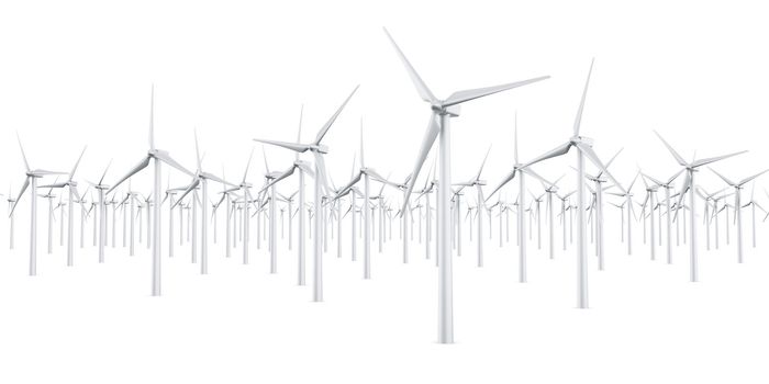 3d rendering of multiple wind turbines in a wite studio setup