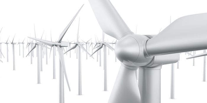 3d rendering of multiple wind turbines in a wite studio setup