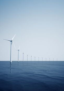 3d rendering of windturbines on the ocean