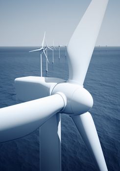 3d rendering of windturbines on the ocean