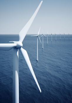 3d rendering of windturbines on the ocean