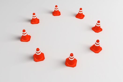 3d rendering of traffic cones in a circle