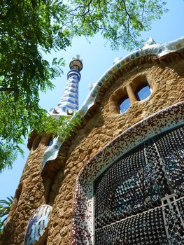 Colored facade of a house in Park Guell, Barcelona, Spain